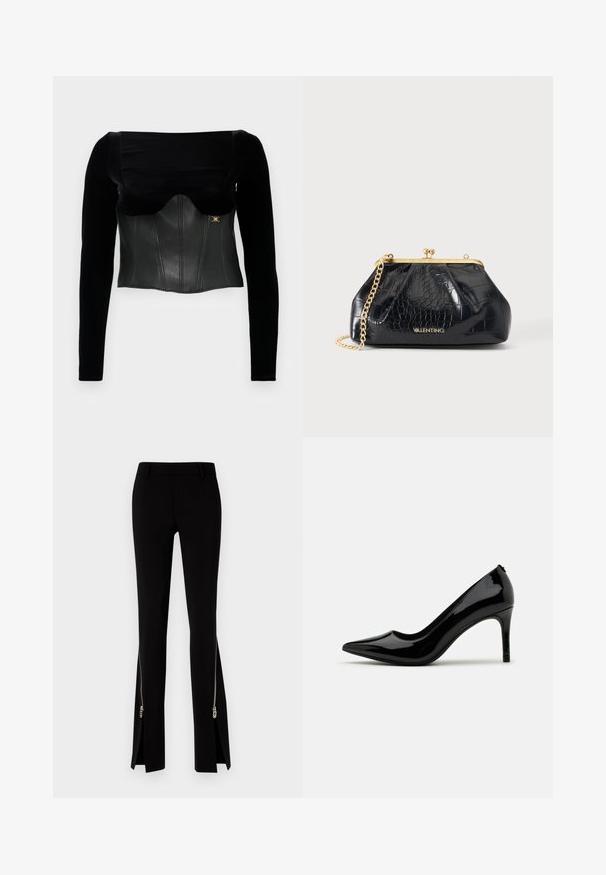 Sort langærmet top med en struktureret læderliv med en glat tekstur, en bred halsudskæring og en guldaccent på siden.; DSQUARED2 ICON TRUMPET PANT - Bukser - black; Sorte laklæder højhælede pumps med spids tå og slank silhuet, prydet med en glat overflade og minimalistisk design.; Sort Valentino-clutch med krokodillestruktur, guldfarvet metalramme, kæderem, kliklås og gyldent Valentino-logo foran.