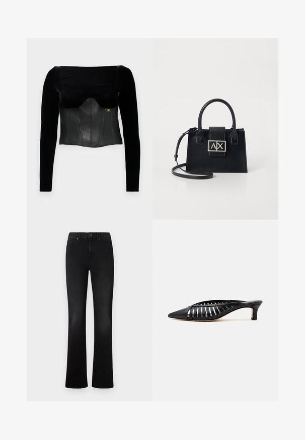 Sort langærmet top med en struktureret læderliv med en glat tekstur, en bred halsudskæring og en guldaccent på siden.; Sorte denim flared jeans med fem lommer, en frontknaplukning og en glat overflade. Har en klassisk pasform og jævn syning.; Sort læder mule med spids snude, stropdetalje og lav kittenhælk på hvid baggrund.; Sort læder håndtaske med en struktureret design, top håndtag og en aftagelig skulderrem. Har en logo-plade i sølvfarve og en glat overflade.