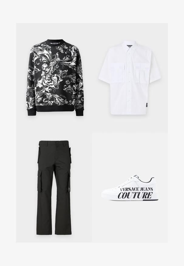 Sort sweatshirt med indviklede hvide blomster mønstre, rund halsudskæring og ribbede manchetter. Glat stof med en afslappet pasform.; Hvid kortærmet skjorte med knaplukning, to frontlommer med klap og brandlabel på siden. Glat tekstur og afslappet pasform.; Sorte cargobukser med lige ben-design, der har flere sidelommer og en knappelukning. Fremstillet af slidstærkt stof med en glat tekstur.; Hvid lav sneaker med sort indvendig foring, snørelukning foran og stor sort tekst "Versace Jeans Couture" på siden af sålen og overdelen.