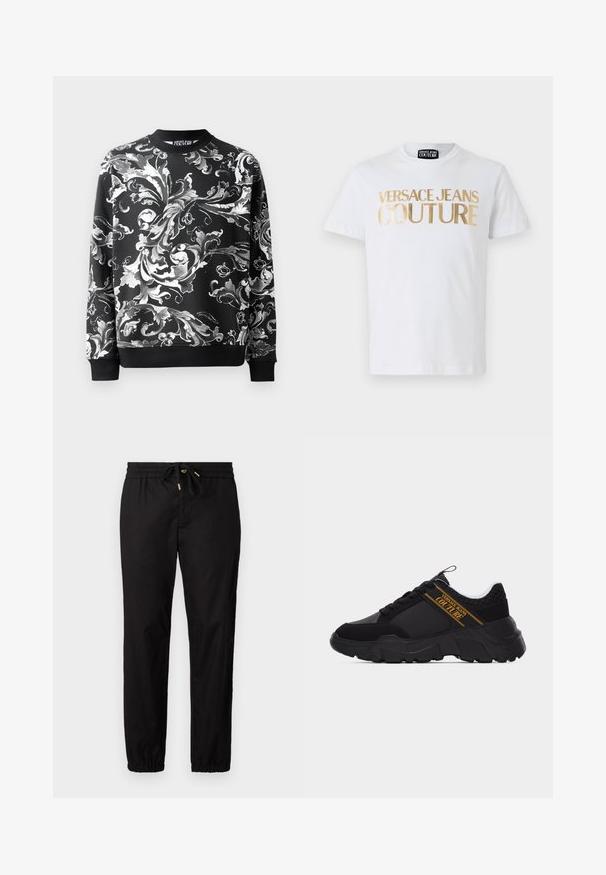 Sort sweatshirt med indviklede hvide blomster mønstre, rund halsudskæring og ribbede manchetter. Glat stof med en afslappet pasform.; Hvid bomulds t-shirt med fedt guld "VERSACE JEANS COUTURE" tekst på fronten. Rund hals og korte ærmer.; Sorte bukser med elastisk talje og snøre. Har tætsiddende ben med elastiske manchetter. Glat, letvægtsstof.; Sort chunky sneaker med struktureret sål, bikagemønster nær hælen og guldfarvet "Versace Jeans Couture"-logo på siden.