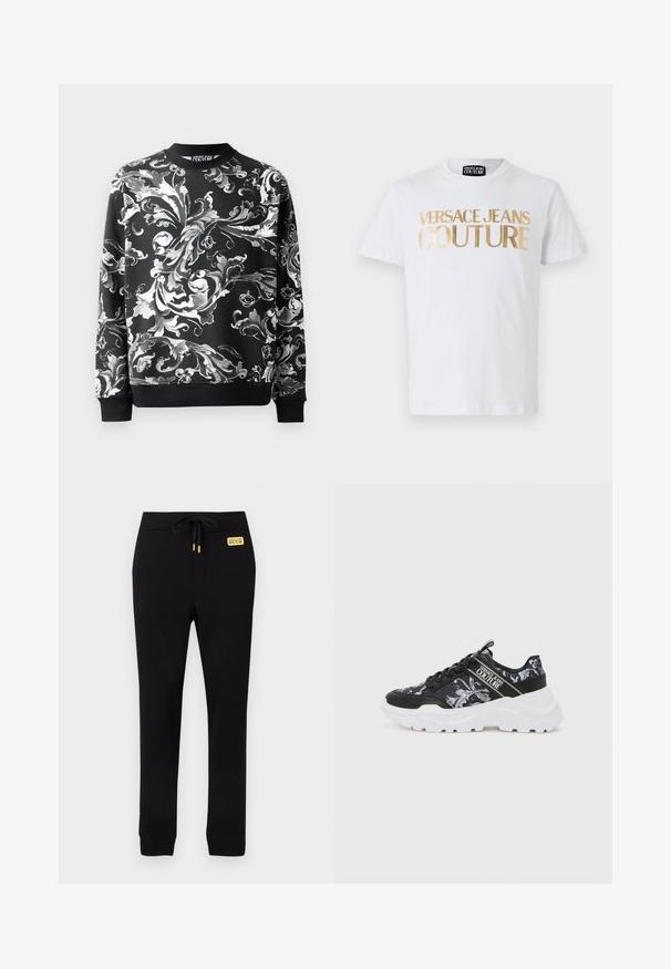 Sweatshirt noir avec des motifs floraux blancs élaborés, col rond et manches côtelées. Tissu lisse avec une coupe décontractée.; T-shirt en coton blanc avec un lettrage doré en gras "VERSACE JEANS COUTURE" sur le devant. Col rond et manches courtes.; Pantalon de jogging noir à coupe slim avec poignets côtelés, taille élastique avec cordon de serrage, et petite étiquette logo jaune Versace Jeans Couture.; Baskets noires de sport avec un motif floral et une semelle épaisse blanche. Elles disposent de lacets noirs et d'une sangle de logo sur le côté. Tige en tissu texturé.