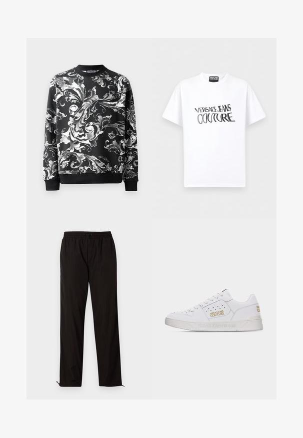 Mustra musternägu must veel ilusa musta lahega kätetõmbed. Sujuv kangas, millel on mugav lõige.; Valge lühikeste varrukatega T-särk, millel on ees must "VERSACE JEANS COUTURE" tekst, mis on moonutatud, ning Versace Jeans Couture silt krae lähedal.; Mustad mustriga püksid elastse vöökoha, nööridega sulgemise ja reguleeritavate sääreotstega, millel on lukud. Sile ja läikiv tekstuur.; Valged madala säärega tossud, millel on perforeeritud detailid, eespaelad ja kuldsed "Versace Jeans Couture" logod külgedel ja kandadel.