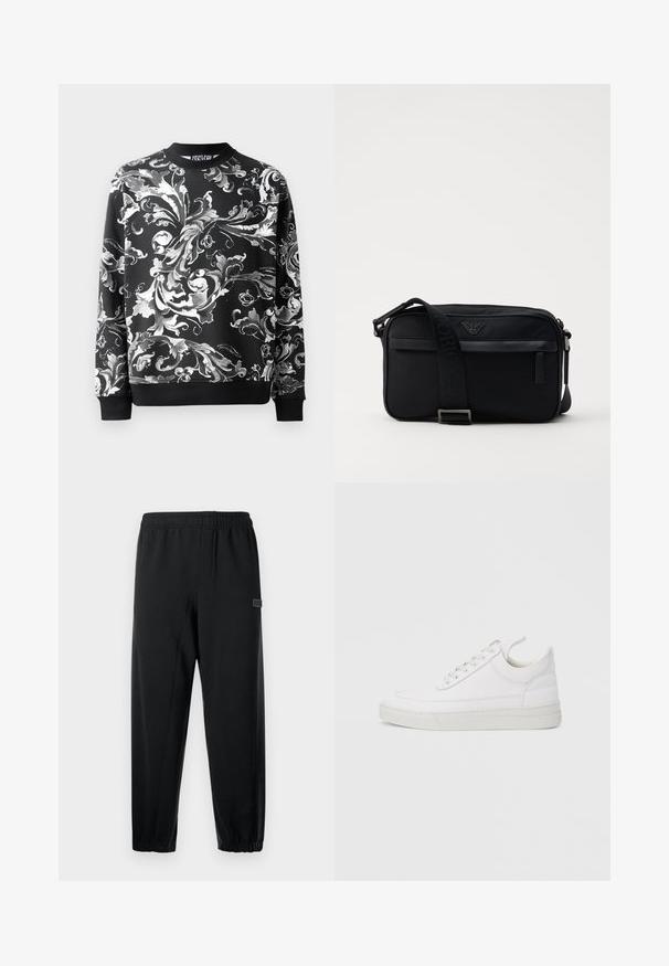 Sweatshirt noir avec des motifs floraux blancs élaborés, col rond et manches côtelées. Tissu lisse avec une coupe décontractée.; Pantalons de survêtement noirs avec une taille élastique, des jambes fuselées et une petite patch de marque. Fabriqués en tissu lisse et léger.; Baskets en cuir blanc avec un embout arrondi, une semelle plate et un laçage à l'avant. Présentent des détails de couture et un col rembourré pour plus de confort.; Sac à bandoulière en nylon noir avec une sangle contrastante, une forme rectangulaire élégante, un détail de logo et une poche zippée à l'avant.