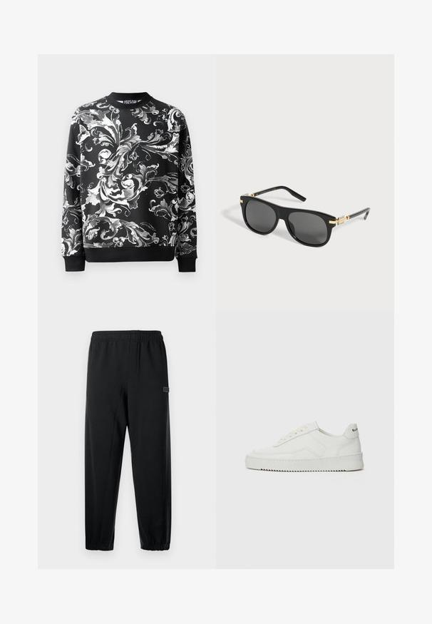 Schwarzer Pullover mit aufwendigen weißen Blumenmustern, rundem Halsausschnitt und gerippten Bündchen. Glattes Material mit entspanntem Schnitt.; Schwarze Jogginghose mit elastischem Bund, schmal zulaufenden Beinen und einem kleinen Markenpatch. Hergestellt aus glattem, leichtem Stoff.; Weiße Ledersneaker mit glatter Oberfläche, runder Zehenpartie, flachen Schnürsenkeln und strukturiertem Sohlenprofil. Mit einem dezenten Logo an der Ferse.; Schwarze rechteckige Sonnenbrille mit dunklen Gläsern und goldenen Akzenten an den Scharnieren, die auf einer hellgrauen Oberfläche liegt.