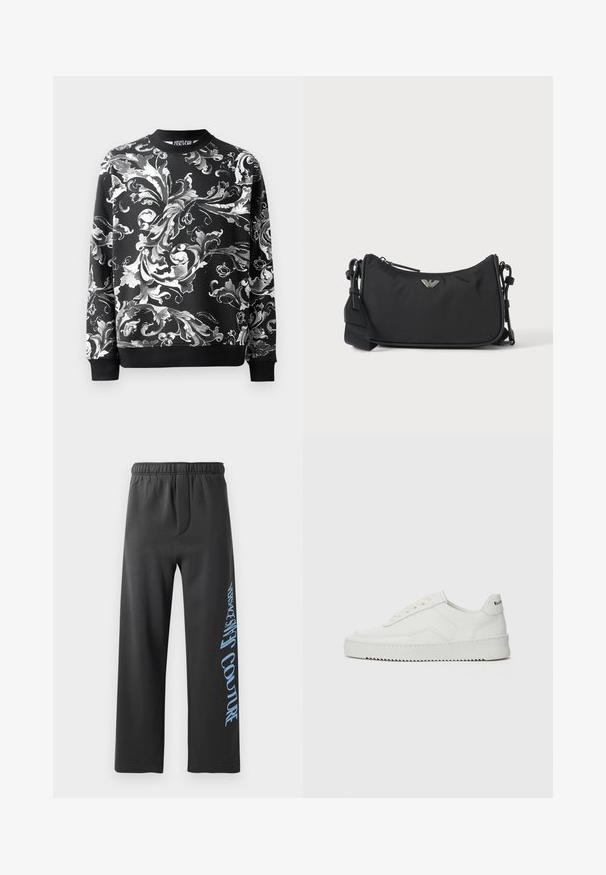 Sweatshirt noir avec des motifs floraux blancs élaborés, col rond et manches côtelées. Tissu lisse avec une coupe décontractée.; Pantalons de jogging noirs en tissu doux, avec une coupe ample et une taille élastique. Texte imprimé bleu notable sur le côté.; Baskets en cuir blanc avec une finition lisse, bout arrondi, lacets plats et semelle texturée. Présente un logo discret sur le talon.; Sac bandoulière rectangulaire noir avec emblème du logo de la marque argenté et sangle réglable sur fond clair.