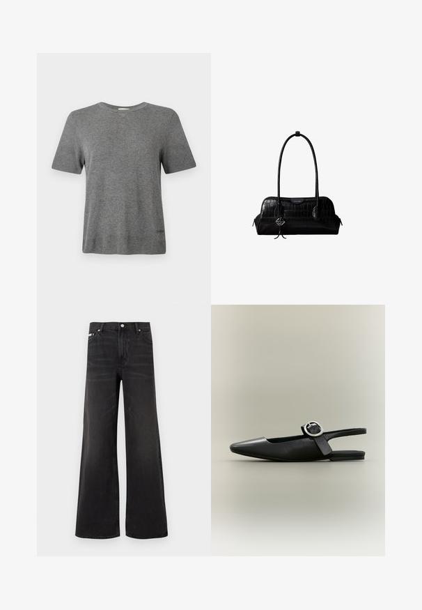 T-shirt gris à manches courtes en tissu doux. Col rond, coupe décontractée, avec un logo discret à l'ourlet. Texture lisse partout.; Jean en denim noir à jambes larges avec fermeture avant par bouton et zip, passants pour ceinture, et style cinq poches.; Chaussure plate slingback noire à bout pointu, boucle argentée et petit talon sur fond neutre.; Sac à épaule en cuir noir à texture crocodile, avec de longues sangles et un petit charm logo argenté sur une sangle.