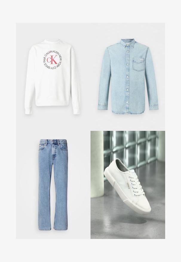 Sweat-shirt blanc à manches longues avec col rond et logo CK rouge entouré de texte noir indiquant "Calvin Klein New York City Since 1968" sur le devant.; Chemise en denim bleu clair à manches longues, fermeture boutonnée devant, une poche poitrine simple avec le logo Calvin Klein, et un col pointu.; Jean en denim bleu clair avec une coupe droite, cinq poches et une fermeture à bouton. Détails de couture près des poches et de la taille.; Baskets basses blanches Calvin Klein avec lacets, semelle en caoutchouc, et étiquette logo flottant au-dessus d'un sol gris poli près d'un mur en blocs de verre.