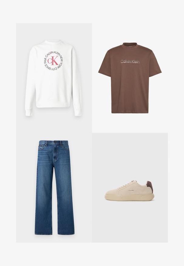 Hvid langærmet sweatshirt med rund hals og rødt CK-logo omgivet af sort tekst, der lyder "Calvin Klein New York City Since 1968" på forsiden.; Brun kortærmet T-shirt med rund hals og reflekterende sølvlogo "Calvin Klein" centreret på brystet.; Blå, højtaljede, straight-fit jeans med knapper og lynlås foran, fem lommer og en lille mærket patch på højre lomme.; Beige ruskind sneakers med rund tå, snørret foran og en brun ruskindsdetalje på hælen. Har en tekstureret gummisål.