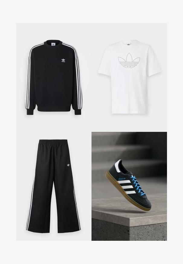 Zwarte sweatshirt met een witte drie-strepen ontwerp op de mouwen, ronde hals, geribde manchetten en een klein wit Adidas logo op de borst.; Witte katoen T-shirt met een gestippeld zwart omtreklijn van een trefoil-logo aan de voorkant. Korte mouwen en een ronde hals.; Zwarte wijde trainingsbroek met elastische tailleband, witte zijstrepen en klein Adidas trefoil-logo op de rechterheup.; Zwarte Adidas-sneaker met witte strepen, blauwe veters en een gumzool die boven een grijze betonnen trede zweeft in zacht licht.