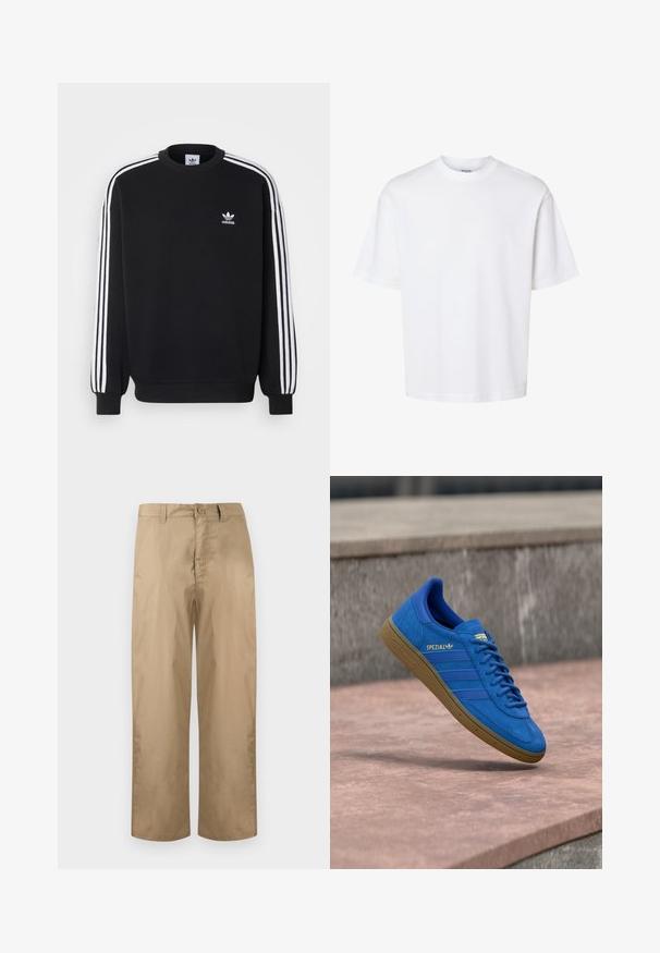 Sort sweatshirt med hvidt tre-stripes design på ærmerne, rund hals, ribbede manchetter og lille hvid Adidas-logo på brystet.; Enkelt hvid t-shirt med korte ærmer og rund hals med afslappet pasform, vist på en ensfarvet baggrund.; Beige bukser med lige ben, bæltestropper, knaplukning og lynlås, vist på en ensfarvet lys baggrund.; Blå Adidas Spezial sneaker med gummisål, snørebånd bundet, hængende over en glat stens overflade nær en grå betonvæg.