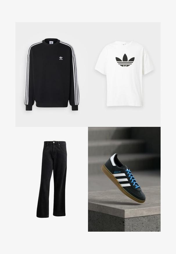Schwarzer Sweatshirt mit weißem Dreistreifen-Design an den Ärmeln, Rundhalsausschnitt, gerippten Bündchen und kleinem weißen Adidas-Logo auf der Brust.; Weißes Baumwoll-T-Shirt mit großem schwarzem Adidas Trefoil-Logo und drei horizontalen Streifen darunter. Kurze Ärmel, Rundhalsausschnitt.; Schwarze Denim-Jeans mit geradem Bein, ausgestattet mit Fronttaschen, einem Knopfverschluss und einer leichten Struktur. Inclusiv eines dezenten Logodetails.; Schwarzer Adidas-Sneaker mit weißen Streifen, blauen Schnürsenkeln und Gummisohle, der über einer grauen Betontreppe im weichen Licht schwebt.
