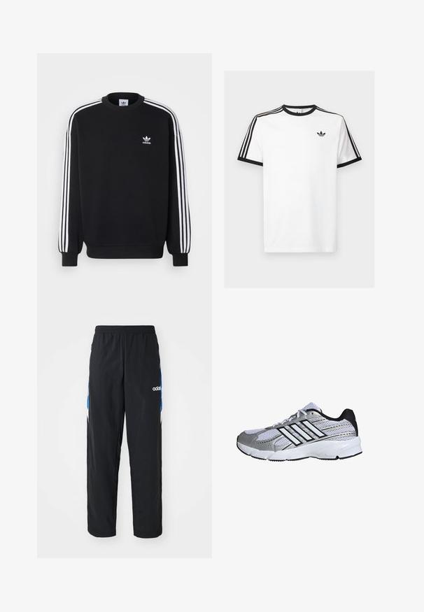 Zwarte sweatshirt met een witte drie-strepen ontwerp op de mouwen, ronde hals, geribde manchetten en een klein wit Adidas logo op de borst.; Witte katoenen t-shirt met zwart geribde halslijn en mouwen, met drie zwarte strepen op elke schouder en een klein logo op de borst.; Zwarte sportbroeken met een elastische tailleband, voorzien van blauwe en witte grafische accenten aan de zijkanten en een geborduurd logo.; Mesh sportieve schoenen in wit en zilver, met zwarte accenten, drie witte streeplogo, gevoerde kraag en een gestructureerde rubberen zool.