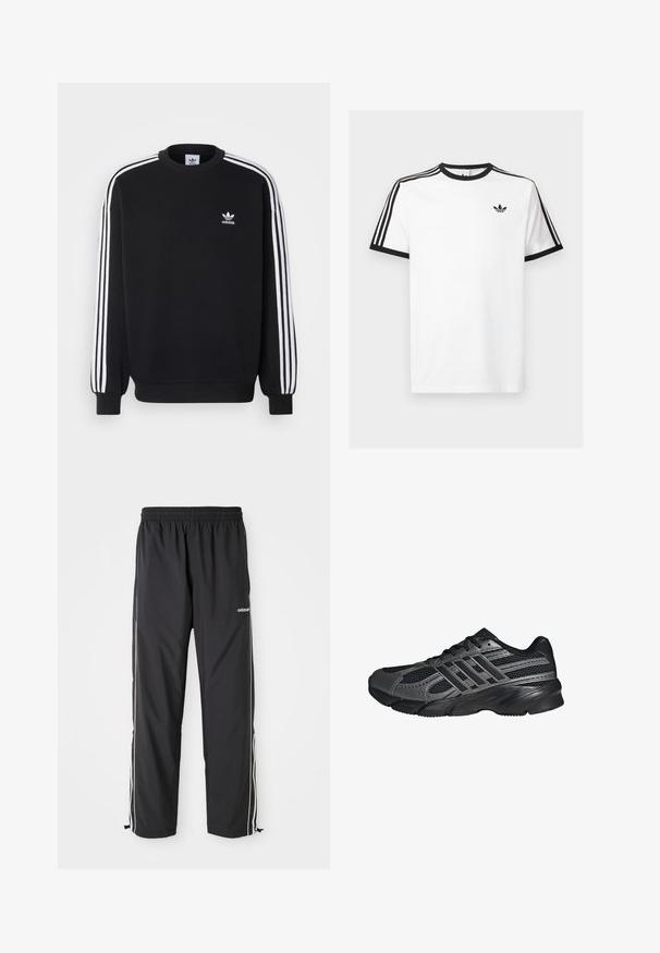 Zwarte sweatshirt met een witte drie-strepen ontwerp op de mouwen, ronde hals, geribde manchetten en een klein wit Adidas logo op de borst.; Witte katoenen t-shirt met zwart geribde halslijn en mouwen, met drie zwarte strepen op elke schouder en een klein logo op de borst.; Zwarte sportieve broek van lichtgewicht stof, met witte zijstrepen, een elastische tailleband en verstelbare enkelmanchetten.; Zwarte sportschoenen gemaakt van mesh en synthetische materialen, met een getextureerd oppervlak, meerdere grijze strepen en een gevoerde kraag.