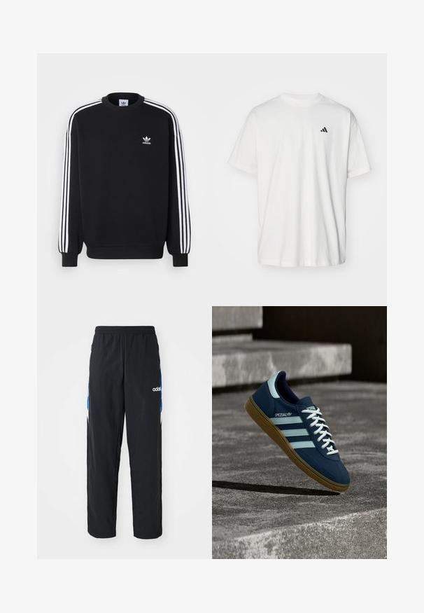 Musta särk, millel on valge kolme triibu disain varrukatel, ümmargune kaelus, soonikääred ja väike valge Adidas logo rinnal.; Valge puuvillane T-särk lühikeste varrukatega, ümmargune kaelus ja väike must Adidas logo vasakul rinna piirkonnas. Pehme tekstuur, vabaaja lõige.; Mustad must ikksad mustad treeningpüksid, millel on elastne vöökoht, külgedel sinised ja valged graafilised detailid ning tikitud logo.; Sinine Adidas Spezial tennisk, valgete triipude ja paeltega, kummist tallaga, hõljub kareda betoonpinna ja sammude kohal taustal.