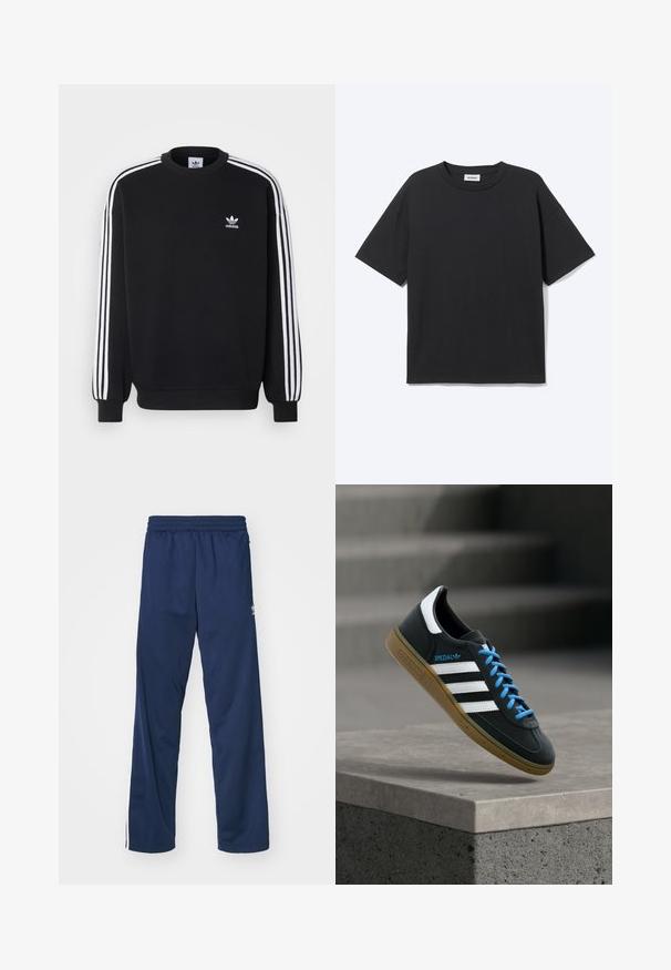 Sort sweatshirt med hvidt tre-stripes design på ærmerne, rund hals, ribbede manchetter og lille hvid Adidas-logo på brystet.; Sort T-shirt med korte ærmer og rund hals med afslappet pasform, forfra, ensfarvet design og synligt Weekday-mærke inde i kraven.; Mørkeblå træningsbukser med elastisk talje, fremhævet af hvide sideløbninger og et logo på venstre lår.; Sort Adidas sneaker med hvide striber, blå snørebånd og gummisål, der svæver over gråt betontrin i blødt lys.