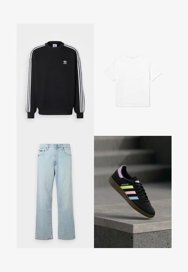 Mustapaita, jossa valkoinen kolmiraidallinen muotoilu hihoissa, pyöreä kaula-aukko, ribbireunukset ja pieni valkoinen Adidas-logo rinnassa.; Valkoinen puuvillapaita, jossa on lyhyet hihat, pyöreä pääntie ja suora helma. Tasainen pinta ilman näkyviä kuvioita tai yksityiskohtia.; Vaaleansiniset farkut, joissa on leveä ja löysä lahje. Ominaisuuksiin kuuluu viisi taskua, vyölenkit ja vetoketju, jossa on nappisulku.; Musta Adidas Spezial -lenkkari, jossa pastellin keltaiset, vaaleanpunaiset ja siniset raidat, laventelinvärinen kantalenkki ja ruskea pohja, leijuu betonireunan yläpuolella.