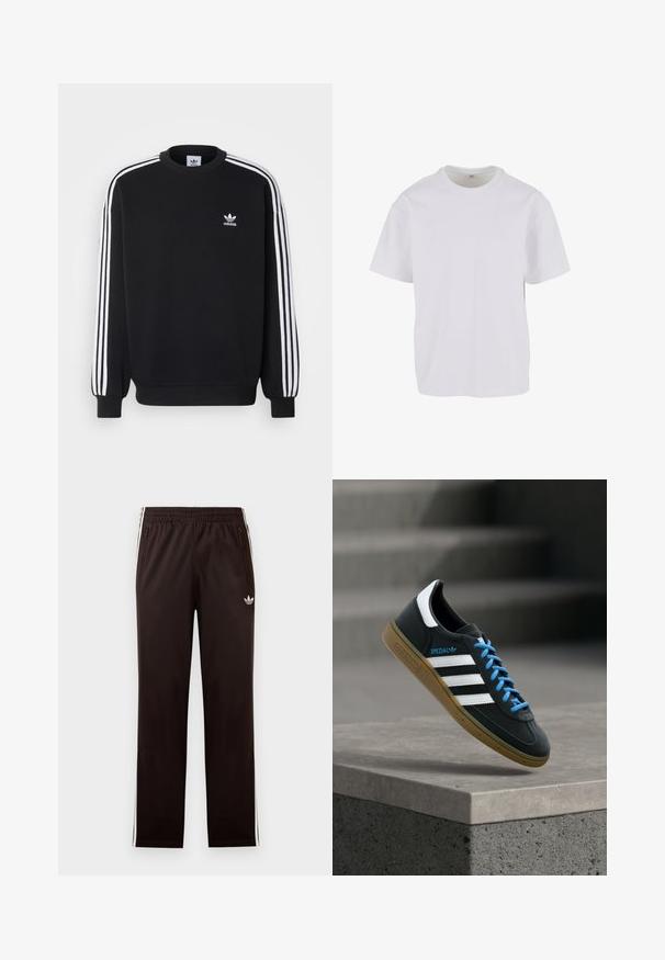 Musta särk, millel on valge kolme triibu disain varrukatel, ümmargune kaelus, soonikääred ja väike valge Adidas logo rinnal.; Valgest lühikese varrukaga T-särgist, mis on valmistatud pehmest puuvillast, ümar kaelus ja lõdvestatud istuvus sirge äärisega. Muster või aktsente pole nähtaval.; Mustad Adidas treeningpüksid elastse vöökohaga, valgete küljeribade, lukuga taskute ja väikese kolmelehelogo vasakul reiel.; Must Adidas toss valgete triibu, siniste paelte ja kummist tallaga, hõljuv pehme valgusega halli betoonastme kohal.