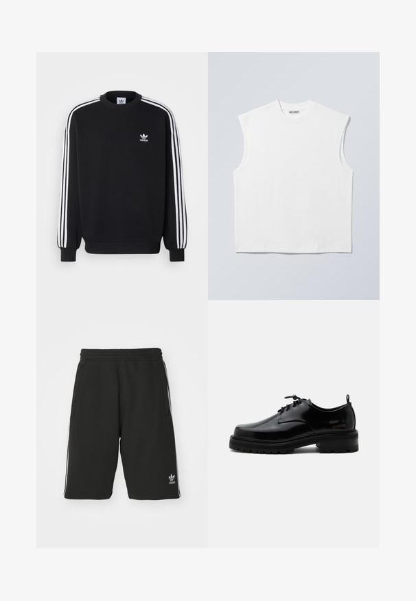 Sort sweatshirt med hvidt tre-stripes design på ærmerne, rund hals, ribbede manchetter og lille hvid Adidas-logo på brystet.; Hvid ærmeløs bomulds top med rund hals og markerede skulderpartier, mærket "WEEKDAY" på halsmærket, vist på lys grå baggrund.; Sort shorts lavet af bomuldsblandet materiale med elastisk talje, med hvide sidelister og et lille logo nederst til venstre.; Sort poleret læder snørestøvle med tyk gummisål og lav hæl, sideskilt med mærketekst "SAMSOE" og bageste træksnor.