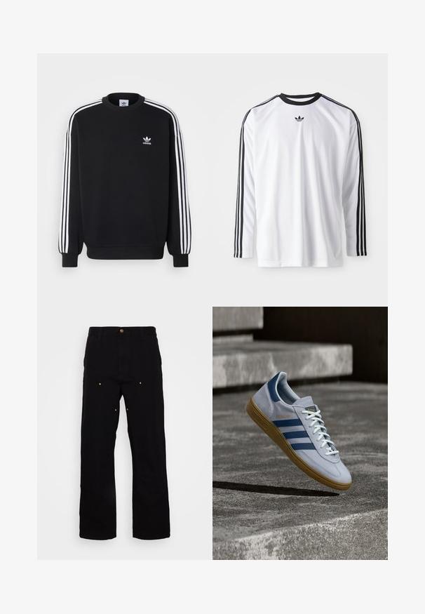 Sort sweatshirt med hvidt tre-stripes design på ærmerne, rund hals, ribbede manchetter og lille hvid Adidas-logo på brystet.; Hvid langærmet skjorte lavet af blødt stof med sorte detaljer, prydet med tre sorte striber langs ærmerne og et lille sort logo.; Sorte denimbukser med lige ben, udstyret med guld hardware-detaljer og synlige syninger på for- og baglommer.; Lyseblå Adidas Spezial sneakers med marineblå striber og gummisål, vist i luften over betontrapper i et neutralt udendørsmiljø.