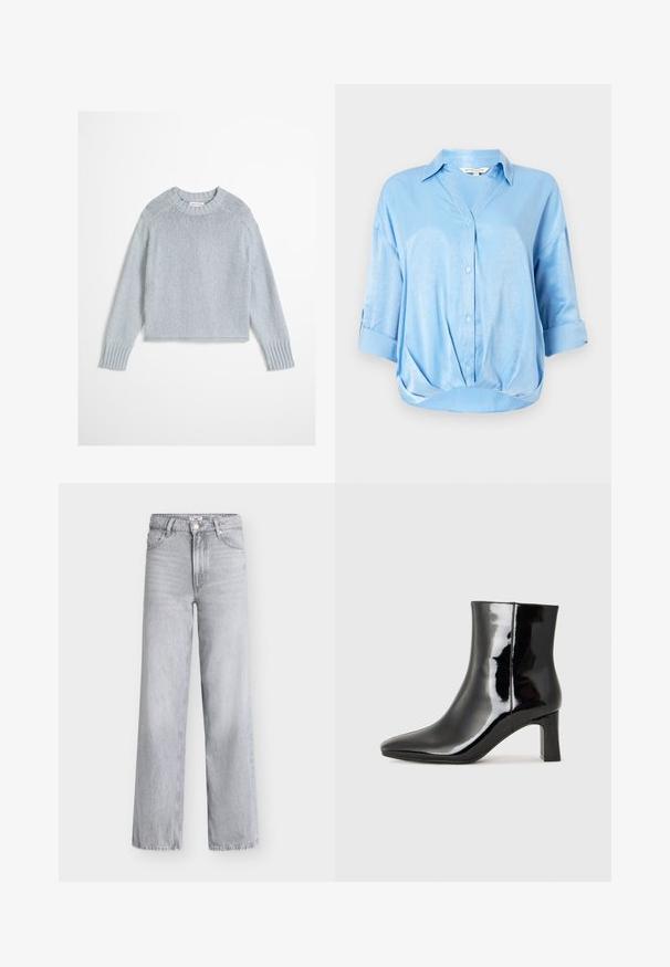 Pull en laine gris clair tricoté avec manches longues et encolure ronde côtelée ainsi que des poignets, présenté sur fond blanc.; Blouse en satin bleu clair avec des manches trois-quarts repliées, fermeture à boutons sur le devant, col et ourlet froncé.; Jean en denim gris clair, coupe large, taille haute, cinq poches, boutonnière avant, et détail d'ourlet brut. Texture lisse avec un léger effet délavé.; Bottines en cuir verni noir avec un bout pointu et un talon block de hauteur moyenne. Texture lisse et design minimaliste.