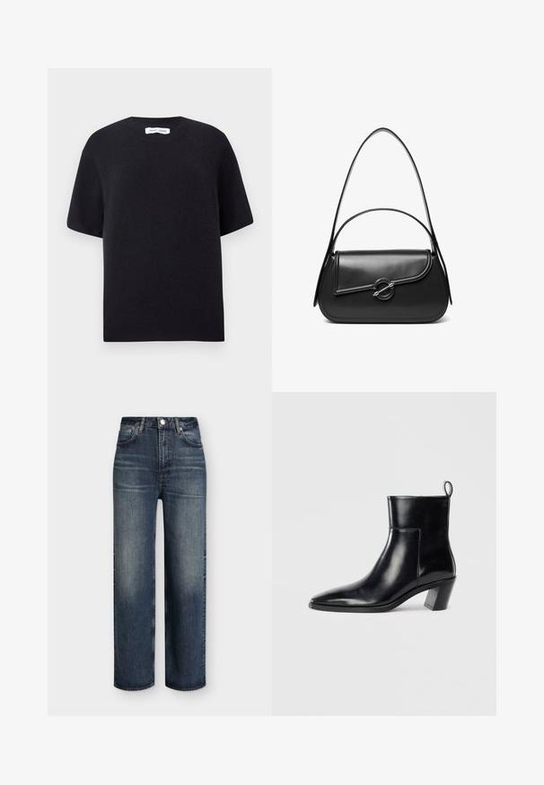 Sort strikket sweater med korte ærmer, rund halsudskæring og ribbet kant. Glat tekstur med en afslappet pasform. Minimalistisk design.; Mørkeblå jeans med høj talje og lige ben, med forlommer, bæltestropper, knaplukning og diskrete falmede detaljer på lår og knæ.; Sort læder ankelstøvle med spids tå, geometrisk stablet hæl og en løftestrop bagpå. Glat tekstur og slankt design.; Sort skuldertaske i læder med en buet klap, der er fastgjort med en rund metal spænde, og en slank, justerbar rem.