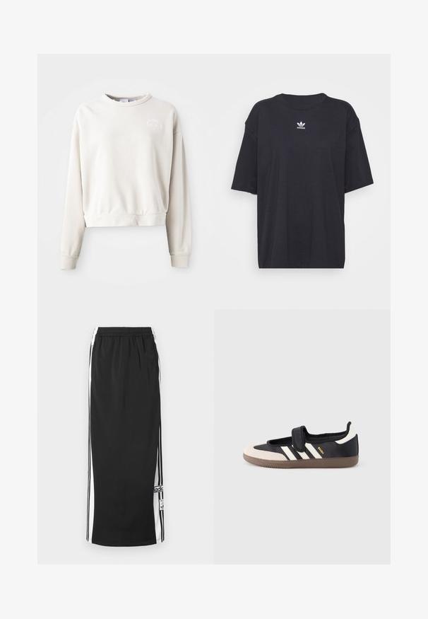 Kreemjas värvis lühike sweatshirt, mis on valmistatud pehmest kangast, ümarate kaeluste ja pikkade varrukatega ning mille rinnal on tikandiga logo.; Must must t-särk lühikeste varrukatega, ümmargune kaelus, rinnal valge Adidas logo. Lihtne disain, mugav lõige.; Must pikkate sportseelik valgete külgsisete ja mustade triipudega, elastse vöökohaga ning Adidas logo plaastriga alumise ääre lähedal.; Must ja beež vabaajajalats klõpsrihmaga, küljele on kolm valget triipu ning pruun tekstuuriga kummist tald. Brändi logo on nähtav.