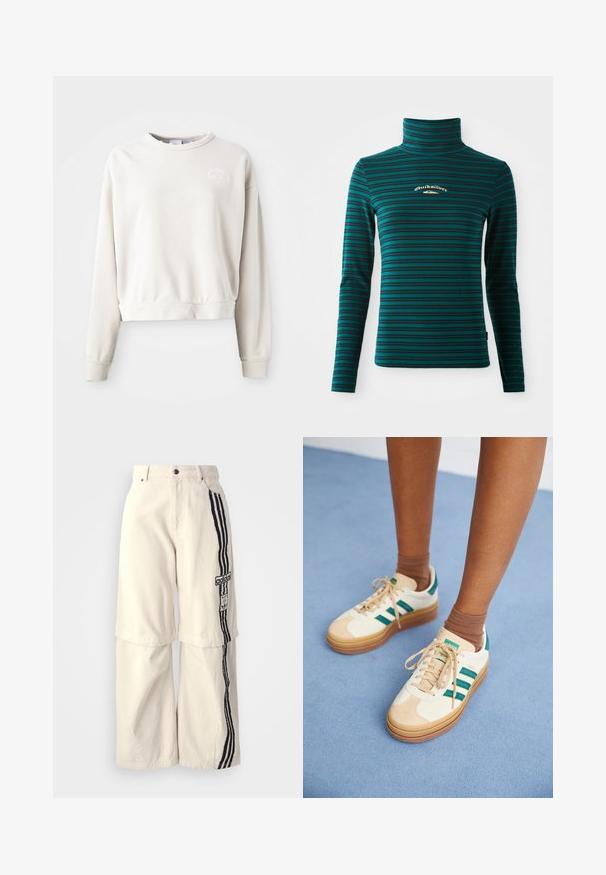 Krémový skrátený sweatshirt vyrobený z mäkkej tkaniny, s okrúhlym výstrihom, dlhými rukávmi a vyšívaným logom na hrudi.; Dlhý rukáv rolák v tyrkysovej farbe s tmavomodrými horizontálnymi pruhmi. Obsahuje malé biele a zlaté logo na hrudi. Mäkka, elastická látka.; Bežové nohavice s širokými nohavicami vyrobené z bavlny, s čiernym trojpruhovým dizajnom po boku a nášivkou loga Adidas na stehne.; Béžové tenisky s tmavozelenými pruhmi, gumenou podrážkou, zvrškom z semišu a textilu, a neutrálnym hardvérom, skombinované s hnedými ponožkami na svetlomodrom povrchu.