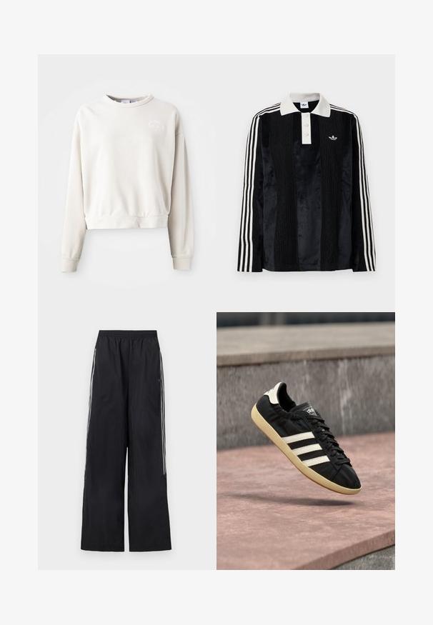 Kreemjas värvis lühike sweatshirt, mis on valmistatud pehmest kangast, ümarate kaeluste ja pikkade varrukatega ning mille rinnal on tikandiga logo.; Must musta särg, millel on pikad varrukad, valge soonikuline krae, kolm nööpaukku, tekstureeritud esipind ja kolm valget triipu igal varrukal.; Mustad laia säärega dressipüksid elastse vöökohaga ja kolme valge külgribaga kummalgi säärel.; Must Adidas tennisejalats valgete triipude ja beežika tallaga, õhus kivipinnast ja kivimüürist taustal pildistatud.