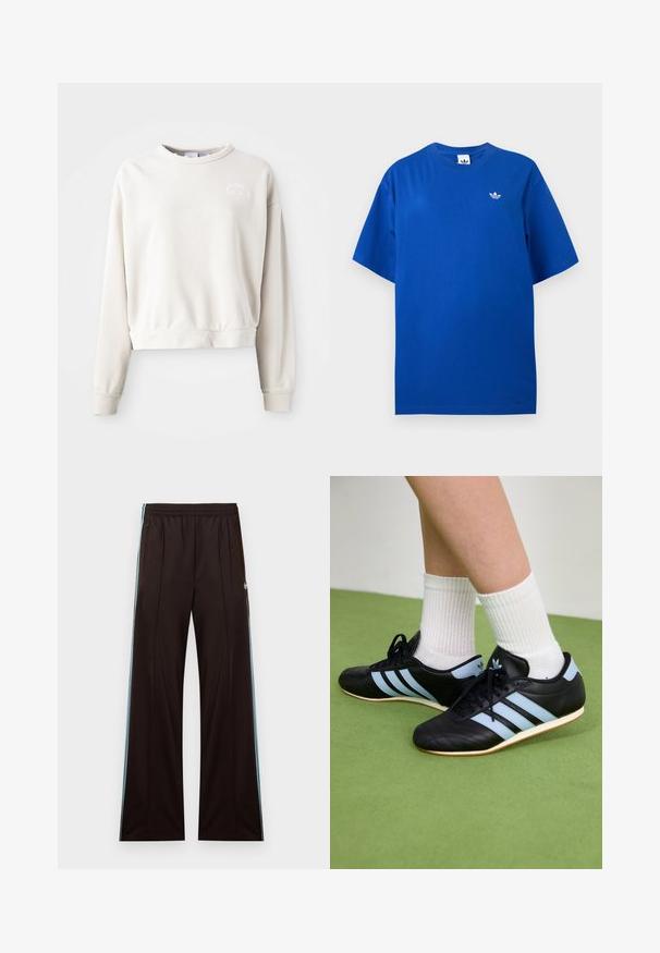 Sudadera corta de color crema hecha de tejido suave, con cuello redondo, mangas largas y un logo bordado en el pecho.; Camiseta Adidas azul de manga corta con cuello redondo y pequeño logo blanco de trébol Adidas en el pecho izquierdo.; Pantalones de chándal negros de pierna ancha con franjas laterales azul claro, cintura elástica, bolsillos con cremallera y logo de Adidas en la cadera izquierda.; Zapatillas deportivas de cuero negro con rayas azul claro, parte superior texturizada y suelas de goma, combinadas con calcetines de rayas blancas sobre un suelo verde.