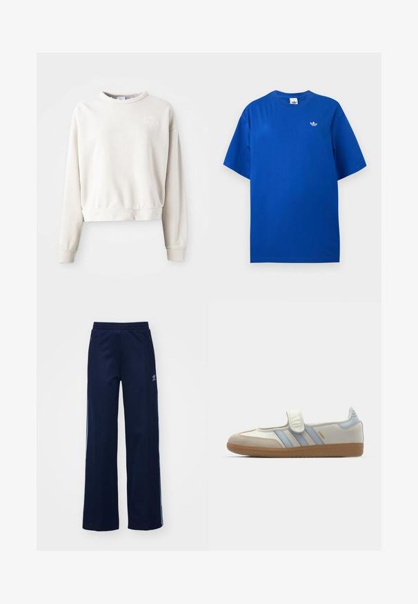 Kreemjas värvis lühike sweatshirt, mis on valmistatud pehmest kangast, ümarate kaeluste ja pikkade varrukatega ning mille rinnal on tikandiga logo.; Sinine lühikeste varrukatega Adidas T-särk ümmarguse kaelusega, vasakul rinnal väike valge Adidas trefoil logo.; Tumesinise puuvillaseguse kangaga dressipüksid laia säärekujundusega, elastse värvliga ja tõmblukkudega taskutega, millel on valged külg triibud ja logodetail.; adidas Originals SAMBA JANE BALLERINA - Pahkluurihmadega baleriinad - cloud white/halo blue