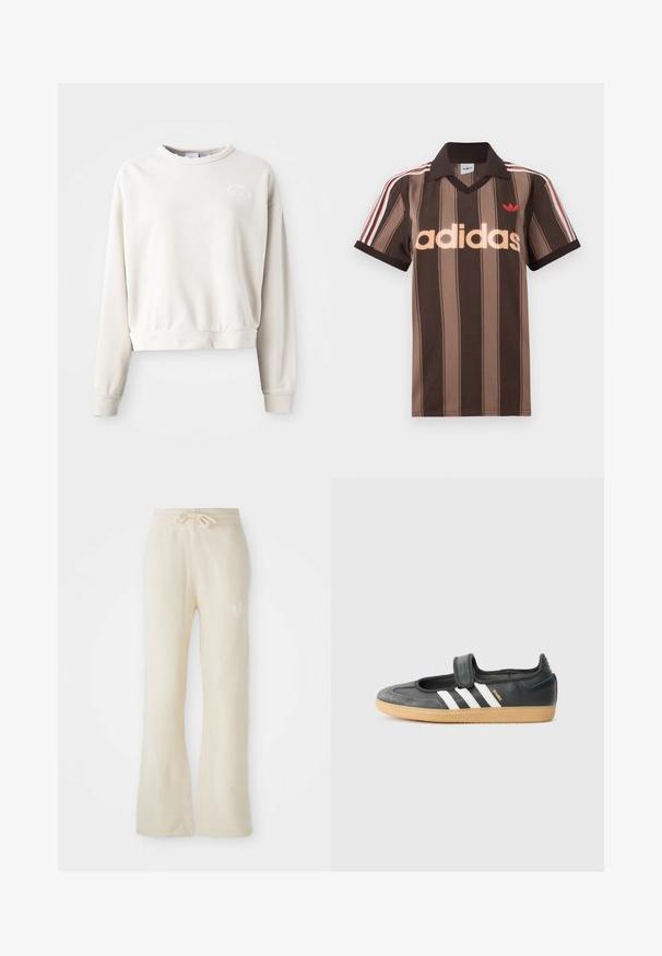 Krémový skrátený sweatshirt vyrobený z mäkkej tkaniny, s okrúhlym výstrihom, dlhými rukávmi a vyšívaným logom na hrudi.; Hnedé prúžkované polo tričko Adidas s výstrihom do V, bordovým golierom a červeným logom. Má bielo-červené pruhy na ramenách a krátke rukávy.; Krémové tepláky s jemnou textúrou, so šnúrkou na pás a rozšírenými nohavicami. Diskrétny logový detail na ľavom bedre.; Čierne kožené a zamšové tenisky s Velcro pásikom, s tromi bielymi pruhmi a gumenou podrážkou, označené nápisom "SAMBA" na boku.