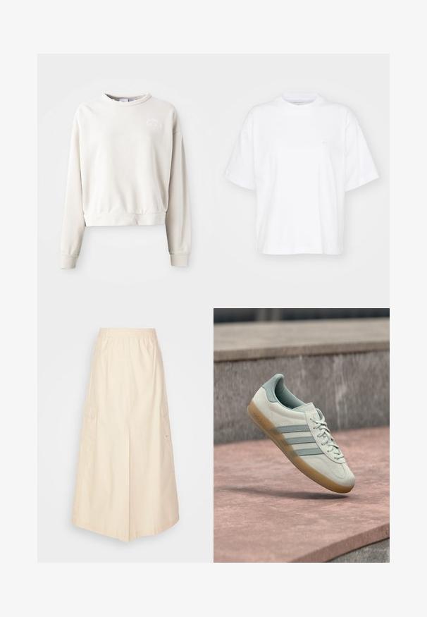 Cremfarbener, kurz geschnittener Sweatshirt aus weichem Stoff, mit rundem Ausschnitt, langen Ärmeln und einem gestickten Logo auf der Brust.; Weißes Baumwoll-T-Shirt mit Rundhalsausschnitt, kurzen Ärmeln und lockerer Passform. Verfügt über ein dezentes Logo auf der linken Brustseite. Glatte Textur.; Beiger Cargo-Rock mit elastischem Bündchen, Seitentaschen und lockerer Passform. Der Stoff wirkt glatt mit einem leichten Glanz.; Hellbeiger Wildleder-Sneaker mit blauen Akzenten, drei seitlichen Streifen, einer strukturierten Kautschuksohle und flachen Schnürsenkeln. Modellname "Gazelle" sichtbar.