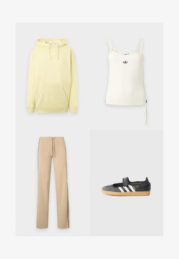 Sweat à capuche jaune clair avec une poche kangourou. Présente un logo blanc sur la poitrine et des poignets et un ourlet côtelés. Texture de tissu douce.; Débardeur crème à fines bretelles ; logo Adidas noir sur la poitrine. Tissu lisse avec un cordon de serrage au bas. Design simple.; Pantalon de survêtement beige avec des bandes latérales noires et des accents jaunes. Comprend une taille à cordon ajustable et un logo discret en haut à gauche.; Sneaker en cuir noir et suède avec une sangle Velcro, arborant trois bandes blanches et une semelle en caoutchouc, étiqueté "SAMBA" sur le côté.
