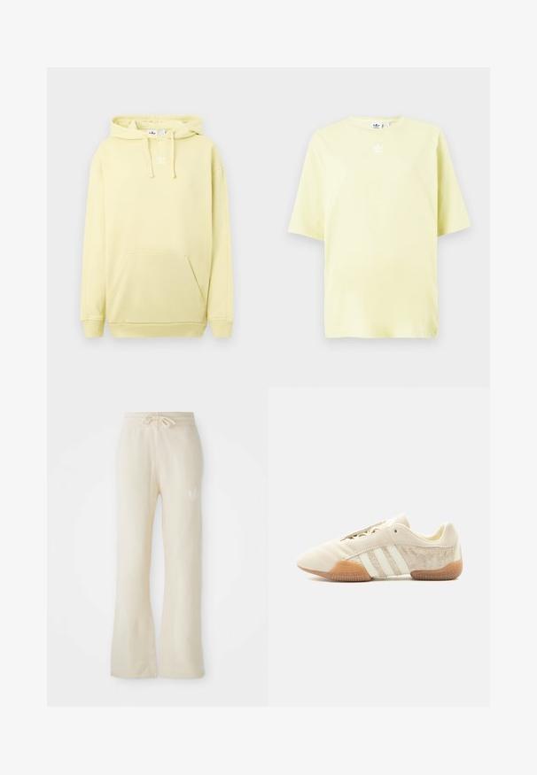 Sweat à capuche jaune clair avec une poche kangourou. Présente un logo blanc sur la poitrine et des poignets et un ourlet côtelés. Texture de tissu douce.; T-shirt Adidas jaune clair à manches courtes avec un petit logo trefoil blanc au centre près de l'encolure.; Pantalons de sport couleur crème avec une texture douce, dotés d'une taille à cordon de serrage et de jambes évasées. Détail de logo subtil sur la hanche gauche.; Baskets beige profil bas avec trois bandes blanches, panneaux latéraux en suède texturé, semelle en gomme et fermeture à lacets sur fond uni.