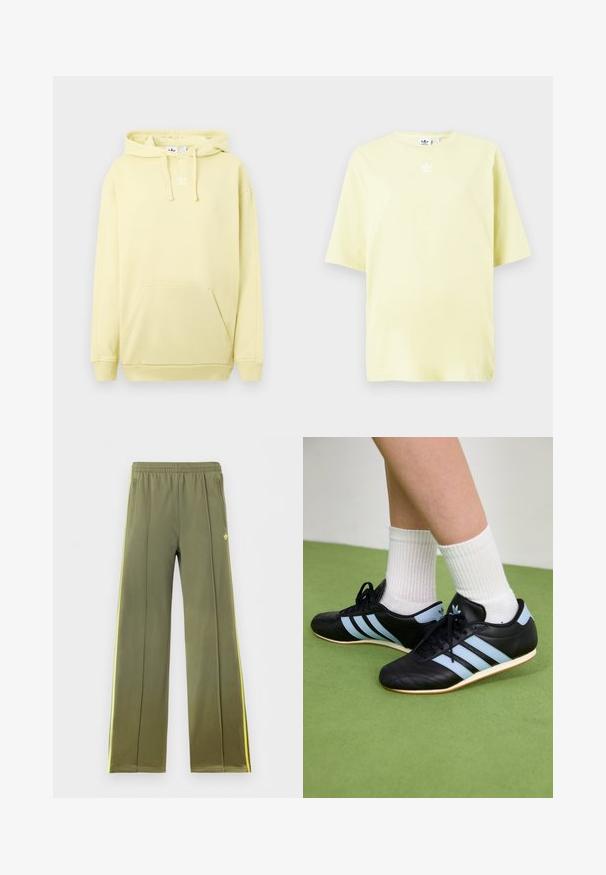 Sweat à capuche jaune clair avec une poche kangourou. Présente un logo blanc sur la poitrine et des poignets et un ourlet côtelés. Texture de tissu douce.; T-shirt Adidas jaune clair à manches courtes avec un petit logo trefoil blanc au centre près de l'encolure.; Pantalon de survêtement vert olive avec ceinture élastique, poches latérales, bandes latérales jaunes et petit logo trèfle sur le devant.; Chaussures de sport en cuir noir avec des rayures bleu clair, tiges texturées et semelles en caoutchouc, accompagnées de chaussettes blanches à côtes sur un sol vert.