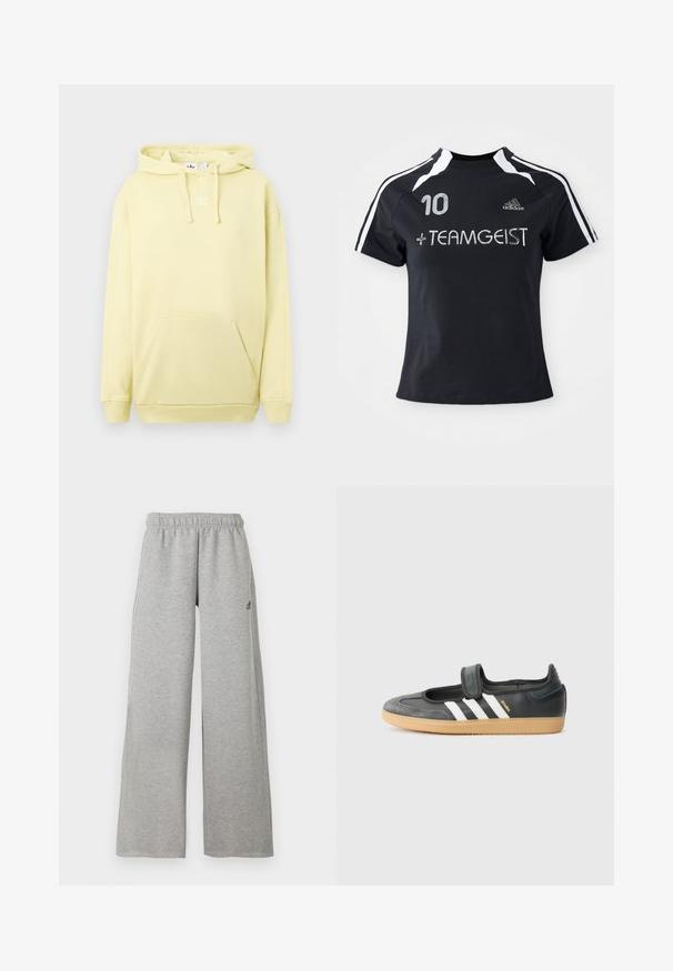 Sweat à capuche jaune clair avec une poche kangourou. Présente un logo blanc sur la poitrine et des poignets et un ourlet côtelés. Texture de tissu douce.; Maillot noir à manches courtes avec des rayures blanches, arborant le numéro "10" et " + TEAMGEIST" brodés sur le devant. Fabriqué à partir d'un matériau doux et respirant.; Pantalon de survêtement gris clair à jambes larges, avec taille élastique et petit logo noir Adidas sur la cuisse droite.; Sneaker en cuir noir et suède avec une sangle Velcro, arborant trois bandes blanches et une semelle en caoutchouc, étiqueté "SAMBA" sur le côté.