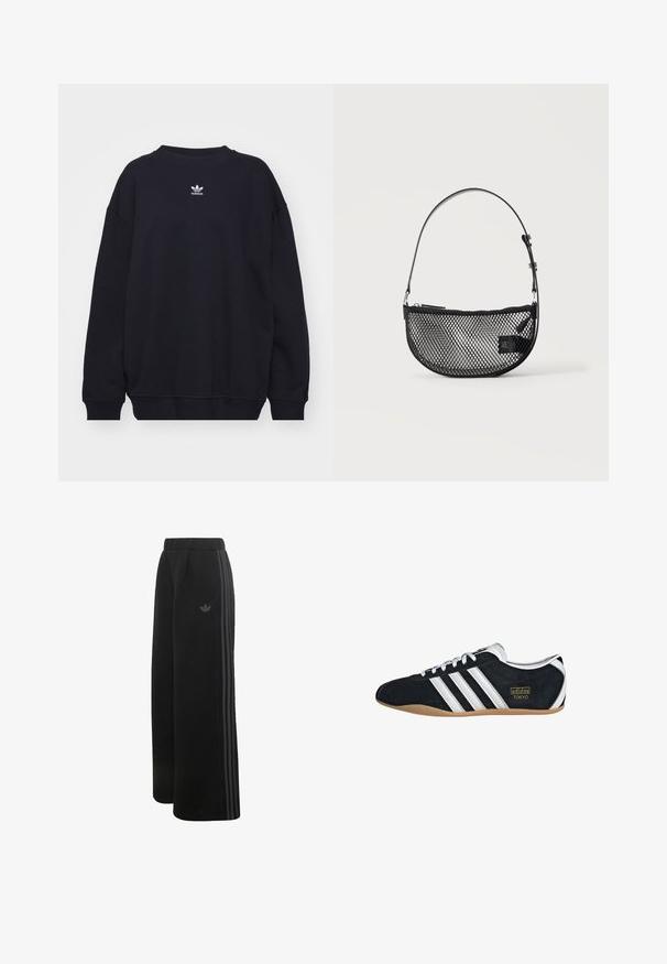 Sort sweatshirt lavet af en bomuldsblanding, med ribbet rund hals og manchetter, og et lille hvidt Adidas-logo centralt placeret på brystet.; Sorte Adidas bukser med vidde ben, elastisk talje, tre mørkegrå sidelængder og lille trefoil-logo på venstre lår.; Sort ruskinds sneaker med hvide tre striber, guldlogo og en brun gummisål. Har et lavprofil snørebåndsdesign.; Sort mesh halvmåne håndtaske med en kort justerbar læderrem og lynlåslukning på en ensartet lys baggrund.