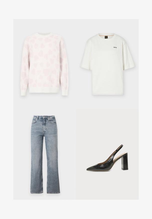 Pull blanc à la texture douce, arborant un motif de cœur rose. Col rond et poignets côtelés mettent en valeur le design.; T-shirt blanc à manches courtes et col rond avec petit logo noir "BOSS" sur le côté gauche de la poitrine et étiquette noire à l'intérieur du col.; Jean bleu clair taille haute à jambe droite avec bouton frontal, fermeture éclair et design classique à cinq poches.; Chaussure slingback en cuir noir à bout pointu avec un talon bloc haut et une doublure intérieure beige sur un fond clair uni.