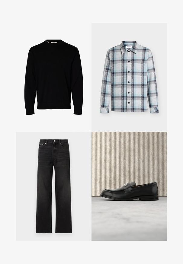 Pull noir uni à manches longues avec col rond, poignets et ourlet côtelés, présenté sur fond blanc.; Chemise à manches longues boutonnée avec motif à carreaux bleu clair, blanc et noir et col pointu.; Jean noir droit avec cinq poches, passants pour ceinture et fermeture par bouton, présenté sur un fond blanc.; Mocassin en cuir noir avec une plaque de marque en métal reposant près d'une table ronde marron sur un sol recouvert de moquette beige.
