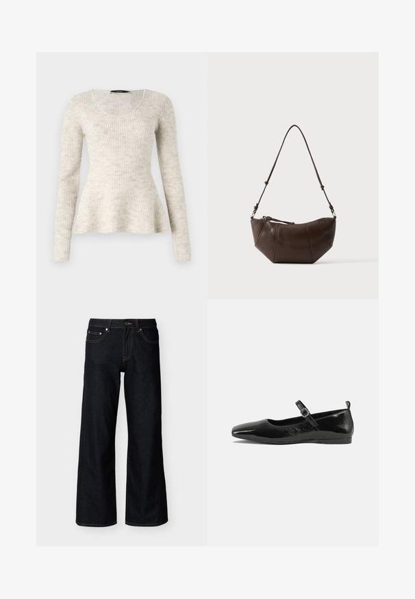 Pull long en maille beige clair à manches longues avec une texture côtelée, un décolleté en forma de scoop et un ourlet évasé. Fabriqué en tissu tricoté doux.; Jean denim bleu foncé à jambes larges avec bouton frontal, fermeture éclair et style cinq poches sur fond clair uni.; Chaussure plate en cuir verni noir avec un bout pointu, une sangle de cheville avec boucles, et une texture lisse et brillante. Talon bas pour le confort.; Sac à bandoulière en cuir marron avec un fond incurvé et une sangle réglable sur un fond clair uni.