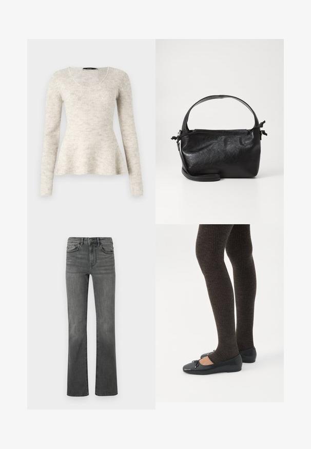 Lyse beige langærmet sweater med ribbet tekstur, rund halsudskæring og flaret kant. Fremstillet af et blødt, strikket stof.; Bredde jeans i mørkegrå denim med høj talje, fem lommer og en enkelt knaplukning. Glat tekstur med let falmning.; Ben iført mørke ribbede leggings kombineret med sorte balletsko med små sløjfedetaljer på hvid baggrund.; Sort læderhåndtaske med et struktureret design, rund tophåndtag og aftagelig skulderrem. Den har en glat tekstur og en subtil glans.