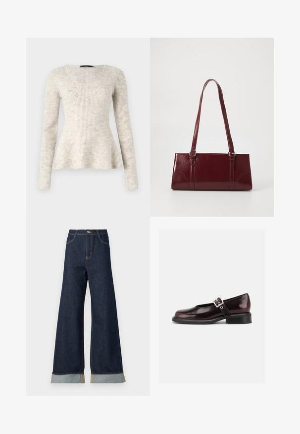 Lyse beige langærmet sweater med ribbet tekstur, rund halsudskæring og flaret kant. Fremstillet af et blødt, strikket stof.; Bredde ben mørk denim jeans med orange syninger, med høj talje, to forlommer og opbrettede manchetter, der viser et lysblåt kontraststof.; En enkelt blank mørk burgunder Mary Jane sko med bred rem og sølvspænde, lav blokhæle og rundet tå på hvid baggrund.; Bordeaux håndtaske lavet af glansfuldt materiale, rektangulær form, med to skulderremme og subtile buede detaljer på forsiden.