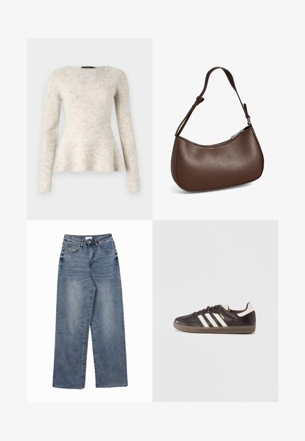 Pull long en maille beige clair à manches longues avec une texture côtelée, un décolleté en forma de scoop et un ourlet évasé. Fabriqué en tissu tricoté doux.; Jean large en denim bleu avec poches avant et poche monnaie, fermeture par bouton, et détails délavés.; Baskets en cuir marron foncé avec un design à trois bandes blanches, une semelle en caoutchouc et l'inscription "Samba" en lettres dorées sur le côté. Forme classique basse.; Petit sac bandoulière en cuir marron avec sangle réglable et fermeture éclair, présenté sur fond blanc. Aucun logo ou décoration visible.