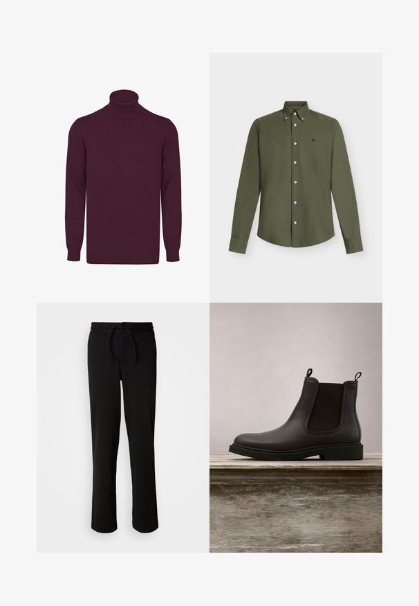 Burgundy rullekrave sweater lavet af blødt stof, med lange ærmer, ribbede krave og manchetter samt en glat overflade.; Langærmet olivengrøn skjorte med knapper og en krave med knaplukning samt lille broderet logo på venstre bryst.; Sorte sweatpants med snor i taljen, lavet af blødt og strækbart stof. Har en afslappet pasform med lige ben og uden synlige lommer.; Sort læder Chelsea-støvle med elastiske sidepaneler og stropper svævende over en træbænk udendørs med græs som baggrund.