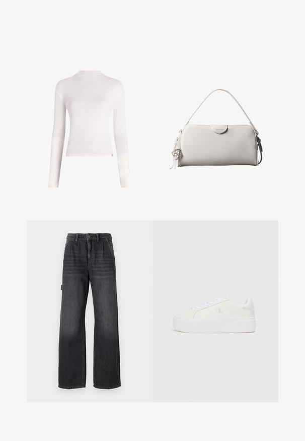 Witte lange mouwen top van zacht materiaal, met een ronde hals, aansluitende vorm en minimalistisch ontwerp zonder patronen of versieringen.; Wijdvallende jeans in donkergrijs denim, met een hoge taille, zakken aan de voorkant en subtiele slijtage op de bovenbenen. Contrasterende stikseldetails.; Witte platform sneakers met een gladleren bovenkant, ronde neus, witte veters en subtiele logodetail aan de zijkant. Platte rubberen zool.; Witte rechthoekige Calvin Klein handtas met enkele handgreep, minimalistisch ontwerp en decoratieve kwastjes met geometrische metalen hanger aan de zijkant.