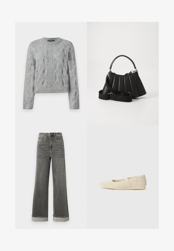 Pull à manches longues en tricot torsadé gris, avec un col rond et des bords côtes à l'encolure et aux manches, présenté sur fond blanc.; Jean denim gris à jambes larges avec une taille haute, cinq poches et des ourlets retroussés. Le tissu présente une texture légèrement usée avec des coutures visibles.; Ballerines beiges avec une exterior en cuir lisse, un bout en forme d'amande et une sangle élastique sur le coup de pied, avec des détails de couture subtils.; Sac à main plissé noir avec une poignée arrondie, une bandoulière réglable et une texture brillante. Présente des accessoires en argent et une silhouette structurée.