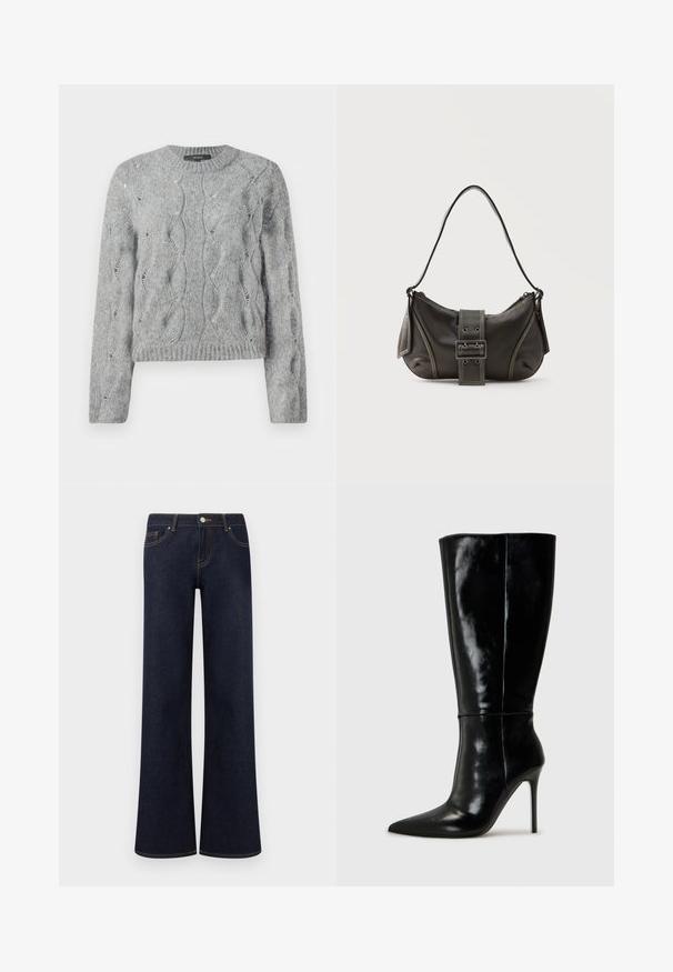 Pull à manches longues en tricot torsadé gris, avec un col rond et des bords côtes à l'encolure et aux manches, présenté sur fond blanc.; Jean en denim bleu foncé à jambes larges avec poches avant, fermeture par bouton et fermeture éclair, et coutures contrastantes visibles.; Bottes noires en cuir, hautes jusqu'au genou, avec un bout pointu et un talon aiguille haut. Texture lisse et design épuré, avec un minimum de détails.; Sac à épaule en cuir noir avec une sangle à boucle, des bords arrondis et des coutures blanches contrastées sur un fond uni.