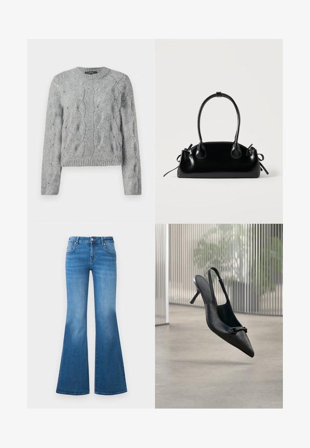 Pull à manches longues en tricot torsadé gris, avec un col rond et des bords côtes à l'encolure et aux manches, présenté sur fond blanc.; Jean en denim bleu évasé avec une taille mi-haute, cinq poches et des détails décolorés sur les cuisses. Accents en métal argenté sur les boutons.; Chaussure à talon haut à bride arrière en cuir noir texturé avec un bout pointu et une petite boucle décorative, flottant au-dessus d'un sol lisse.; Petit sac à main noir brillant avec deux longues anses et des détails à cordon sur les côtés sur un fond clair uni.