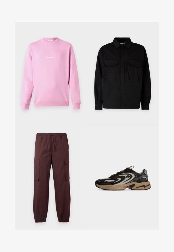 Rosa Sweatshirt aus Baumwollmischung, mit langen Ärmeln und rundem Ausschnitt. Mit einem weißen Logo in Schreibschrift auf der Vorderseite.; Jack & Jones JCOHELVETICA PARACHUTE OVERSHIRT - Hemd - black; Braune Cargo-Hosen mit elastischem Bund und Knöchelbündchen, ausgestattet mit seitlichen Fronttaschen und großen Klapptaschen an jedem Oberschenkel.; Schwarzer und beiger Sneaker mit wellenförmigen Mustern, Schnürdesign und dicker Sohle auf hellem einfarbigem Hintergrund.