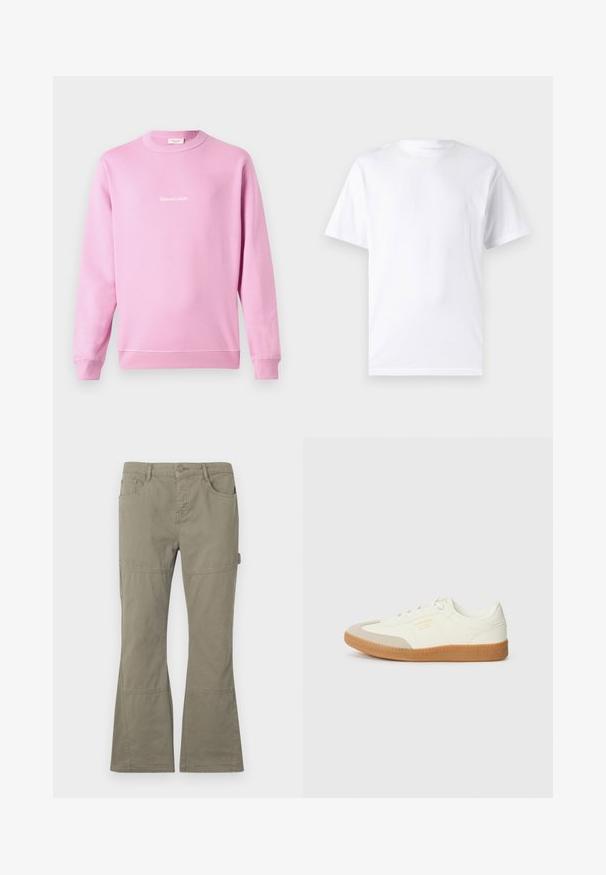 Rosa Sweatshirt aus Baumwollmischung, mit langen Ärmeln und rundem Ausschnitt. Mit einem weißen Logo in Schreibschrift auf der Vorderseite.; Weißes kurzärmeliges T-Shirt aus Baumwolle mit Rundhalsausschnitt, das eine glatte Textur und ein einfaches Design ohne Muster oder Akzente aufweist.; Khakifarbene, ausgestellte Baumwollhosen. Mit Front- und Seitentaschen, gestickten Details und einer glatten Textur.; Sneaker aus weißem Leder mit einer beigen Zehenkappe und leichter brauner Gummisohle. Verfügt über flache weiße Schnürsenkel und geprägtes Branding an der Seite.